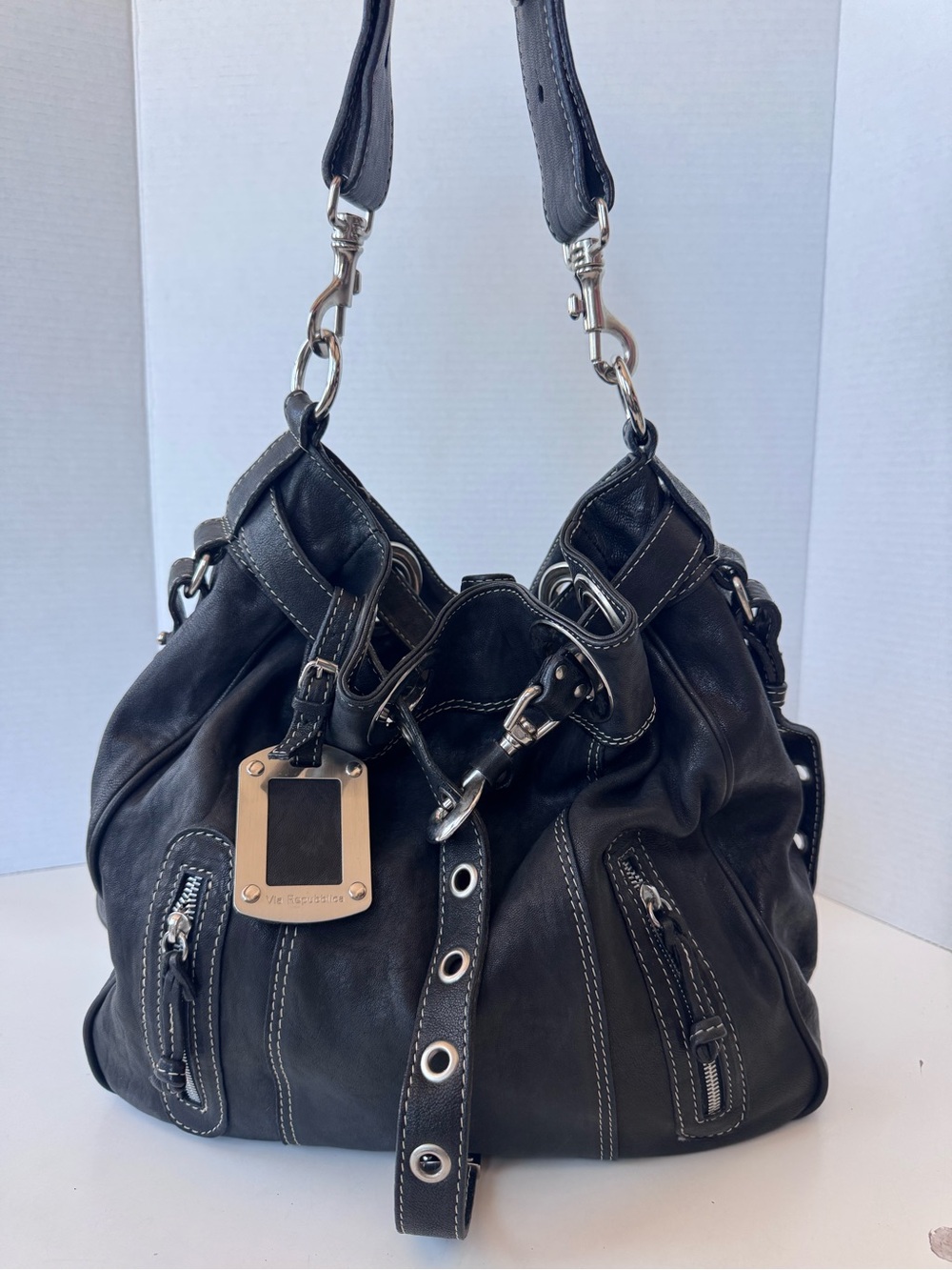 Y2K via repubblica purse black leather hobo moto buckle shoulder bag purse